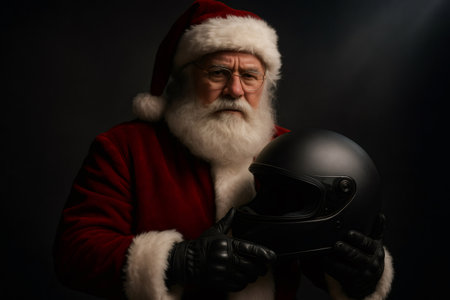 Santa with serious expression wearing a red suit and gloves, holding a black motorcycle helmet against a dark backgroundの素材