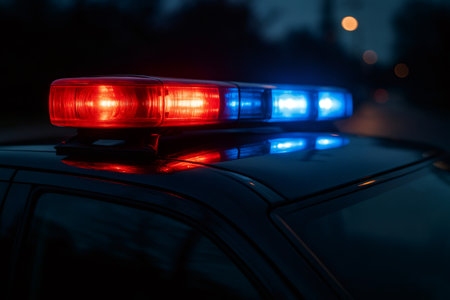 Emergency vehicle's flashing red and blue lights illuminating the dark, representing law enforcement and urgent responseの素材