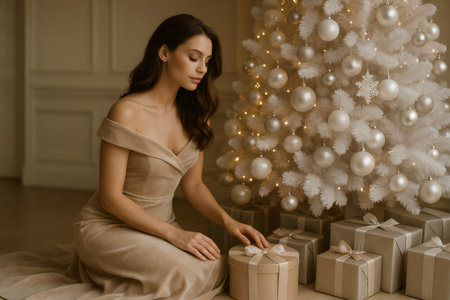 Woman sitting elegantly beside a decorated white Christmas tree with warm lights, preparing to open holiday giftsの素材