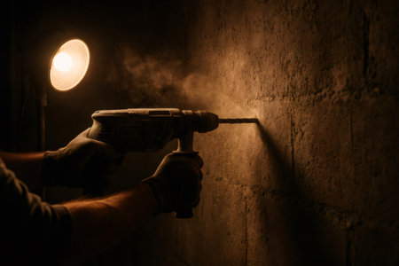 Worker's gloved hands holding a powerful drill, creating a hole in a sturdy concrete wall under focused industrial lightingの素材