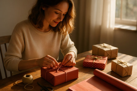 Woman tying twine around a gift box on a wooden table, hands preparing a thoughtful, handmade present for a cozy celebrationの素材