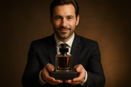 Smiling man in a suit holding a sophisticated perfume bottle on a black gift box, offering a gesture of luxury and giftingの素材