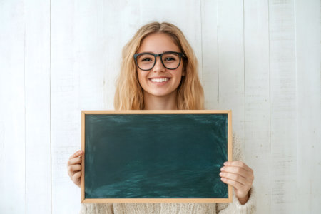 Smiling young woman holding an empty chalkboard, offering copy space for a message, information, or educational contentの素材