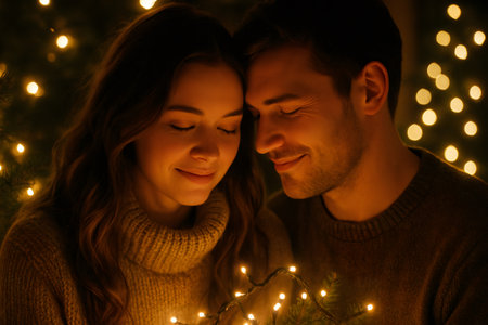 Young couple closing eyes, smiling, and feeling romantic during Christmas season. Holding string of warm festive lightsの素材