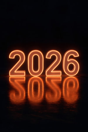 Glowing orange neon number 2026 reflecting on a dark surface, symbolizing new year, future, and celebrationの素材