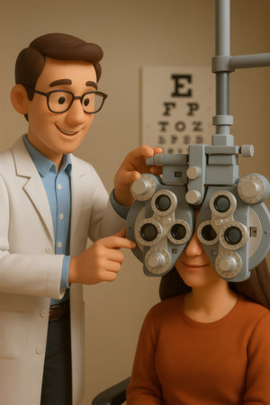 Professional optometrist conducting a vision test, adjusting the phoropter for a smiling patient in an eye care clinicの素材