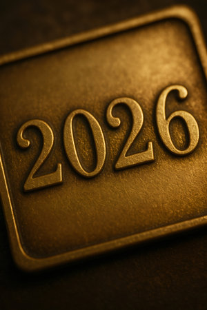Golden numbers 2026 embossed on textured metal, representing new year, future time, and upcoming eventsの素材
