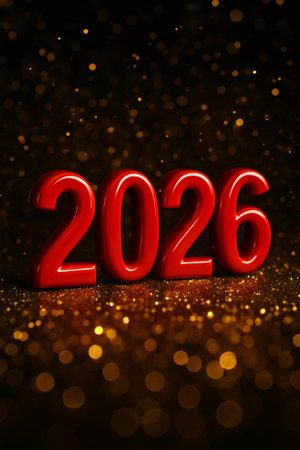 Red glossy 2026 numbers standing on golden glitter, sparkling with bokeh lights in a festive atmosphereの素材