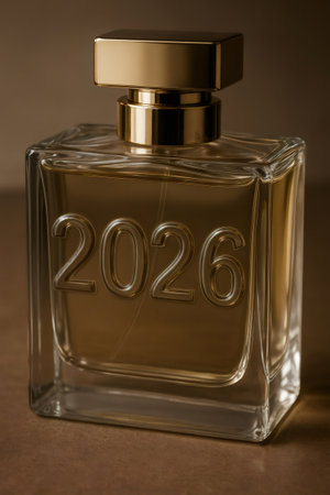 Elegant glass perfume bottle with a golden cap and liquid, featuring the embossed number 2026, creating a luxury scent conceptの素材