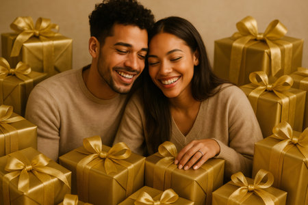 Joyful diverse couple smiling while surrounded by numerous golden wrapped presents, celebrating a special occasionの素材