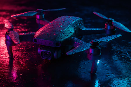 Modern drone covered with water droplets reflecting vibrant magenta and cyan neon lights on a dark, wet surfaceの素材