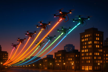 Drones performing a light show over city buildings and street at night, symbolizing technology, entertainment, and spectacleの素材
