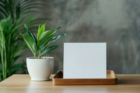 Blank white square card provides copy space, resting in a minimalist wood tray next to a fresh green potted plantの素材