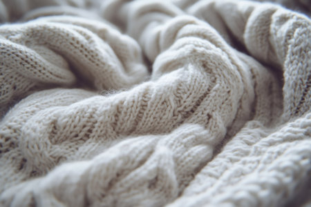 Knitted fabric showing cozy textures and detailed cable knit patterns. Creating a warm background for comfort themesの素材