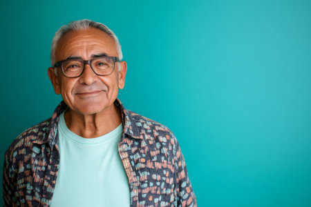 Older man with gray hair and glasses posing against a teal background, looking at the camera with a happy, confident smileの素材