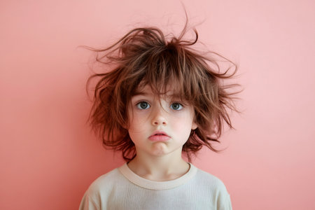 Young child with brown disheveled hair and blue eyes looking directly at camera, representing early morning moodの素材