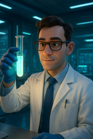 Scientist wearing a lab coat and gloves studying a luminous liquid in a test tube, conducting a modern scientific experimentの素材