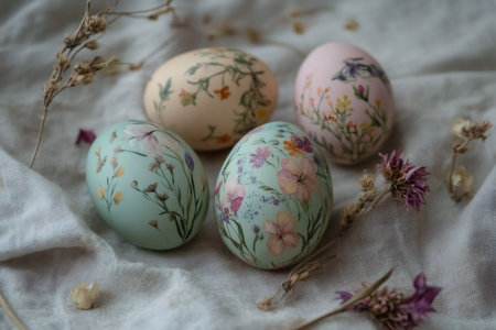 Decorative Easter eggs displaying delicate pressed flower patterns on a linen fabric, capturing spring and holiday themesの素材
