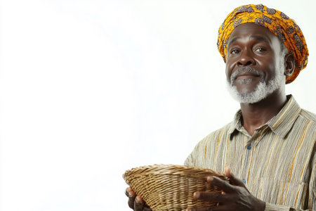 Older African man wearing a headwrap and patterned shirt, holding an empty woven basket, looking with a calm expressionの素材