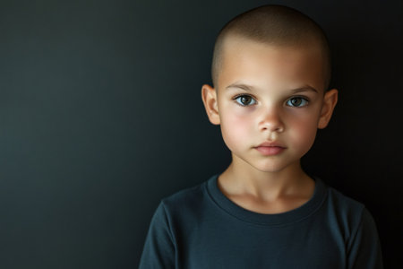 Young child with a buzz cut and thoughtful expression looking directly at the viewer on a dark backgroundの素材