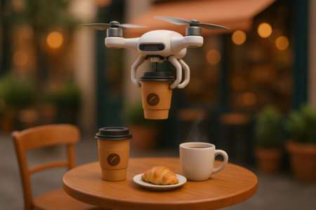 Autonomous drone delivering a takeaway coffee cup to a small outdoor cafe table with a steaming mug and croissantの素材
