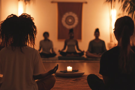 People practicing yoga and mindfulness in a dimly lit studio, finding peace and relaxation together in a spiritual settingの素材