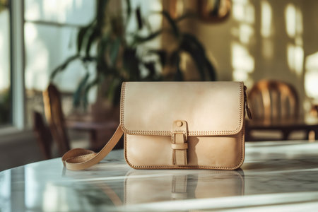 Beige leather crossbody bag on a marble surface. Handmade accessory featuring precise stitching and a functional buckle closureの素材