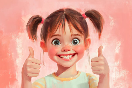 Young girl joyfully giving double thumbs up, showcasing happiness and agreement. Her wide smile and bright eyes express positivity and successの素材