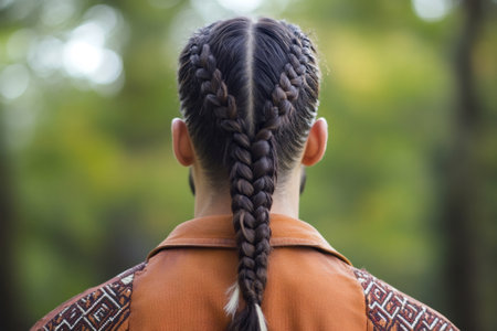 Man's back displaying intricate cornrows merging into a single braid, featuring a distinctive white streak at the endの素材