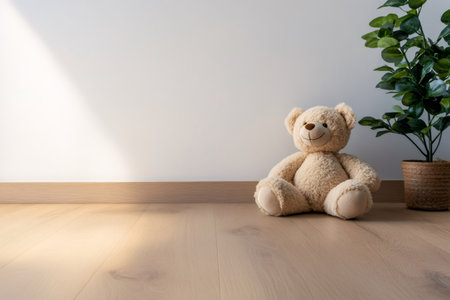 Single fluffy teddy bear sitting against a white wall. Warm sunlight illuminates the empty wooden floor, creating a cozy atmosphereの素材