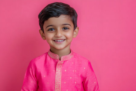Young Indian boy standing confidently, showing a happy smile, wearing a traditional pink kurta against a vibrant backgroundの素材