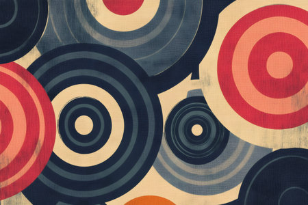Overlapping concentric circles in retro style creating a vibrant geometric pattern with a grunge texture effectの素材