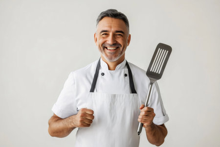 Smiling middle aged chef wearing a uniform and apron, holding a kitchen spatula, showing readiness for cookingの素材