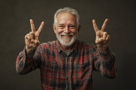 Happy gray bearded senior man smiling and showing a V peace sign, conveying confidence, joy, victory and positive retirement vibesの素材
