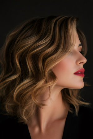 Woman showing her beautiful wavy hairstyle with blonde highlights and vibrant red lips, embodying elegance and modern beautyの素材