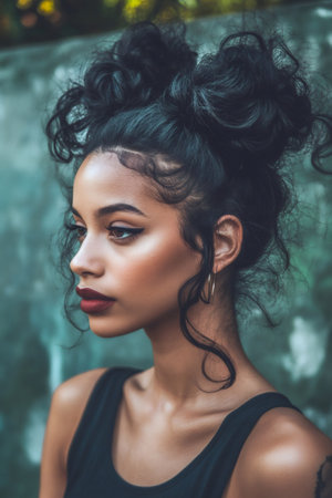 Young woman looking away, showcasing her hairstyle with space buns and perfectly laid baby hairs, wearing red lipstick and winged eyelinerの素材