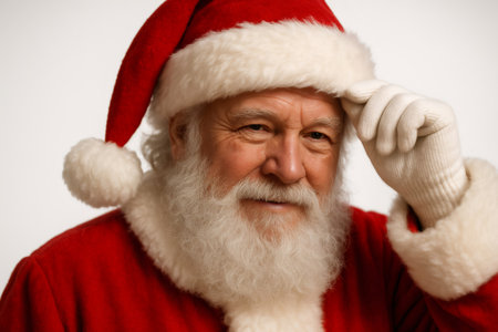 Santa Claus, a man with a white beard, smiling and adjusting his red hat while looking at the cameraの素材