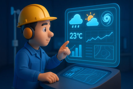 Employee in hard hat and earmuffs interacting with holographic display showing weather conditions, graphs, and data analysisの素材