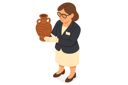 Curator in uniform and gloves carefully holding an ancient decorated ceramic artifact. Concept of museum exhibition or archeologyの素材