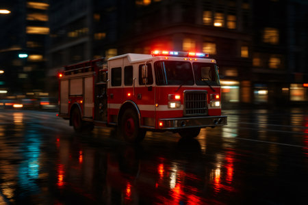 Fire truck driving fast on a wet city street at night, emergency lights flashing with reflections on the roadの素材