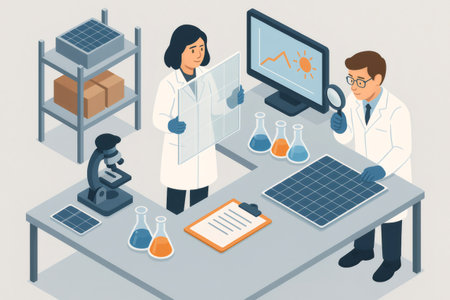 Scientists developing new transparent solar technology in a laboratory setting, holding a clear solar panel and inspecting anotherの素材