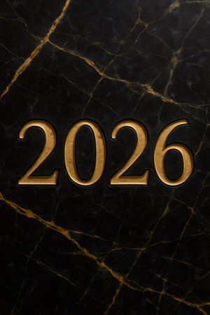 2026 year numbers are featuring a luxurious golden texture, resting on an elegant black marble background with golden veinsの素材