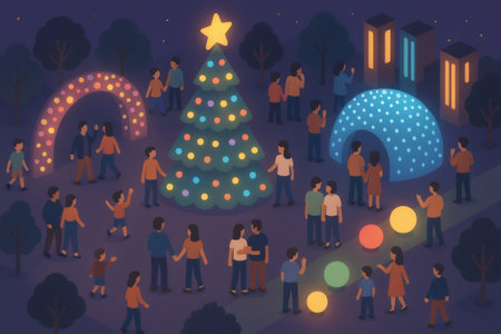 Crowds of people walking through a park enjoying a festive light event with a decorated Christmas tree and glowing installationsの素材