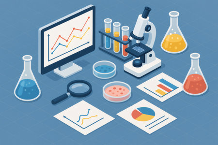 Laboratory equipment and instruments used for scientific research, analyzing data, and visualizing information on a computer monitor and chartsの素材