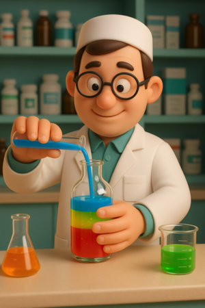 Cartoon chemist wearing lab coat and glasses carefully pouring blue liquid into a bottle with layered colorful solutionsの素材