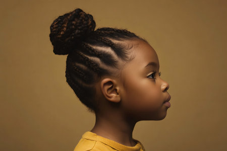 Child in profile view having braided hair styled in a high bun. Youthful black girl contemplating with a gentle expressionの素材