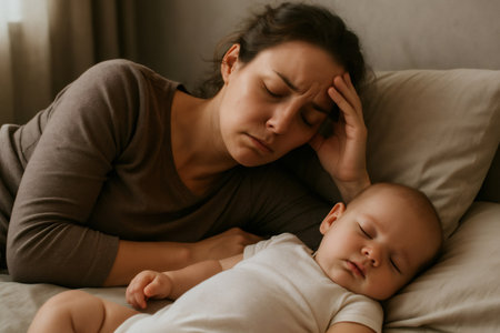 Tired mother resting head on hand while newborn baby sleeps peacefully on a bed, showing the demands of motherhoodの素材
