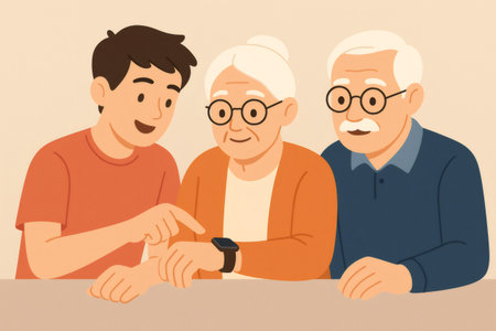 Young man teaching a senior woman about her new smartwatch, showcasing intergenerational technology learning and family supportの素材