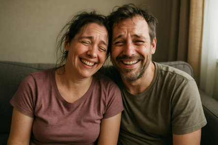 Parents with messy hair finding joy and laughter together while feeling exhausted from daily challenges. Authentic momentの素材