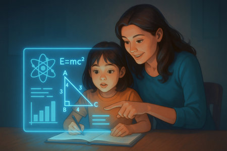 Mother assisting child with homework, using futuristic holographic display showing math equations and science concepts. Modern educationの素材